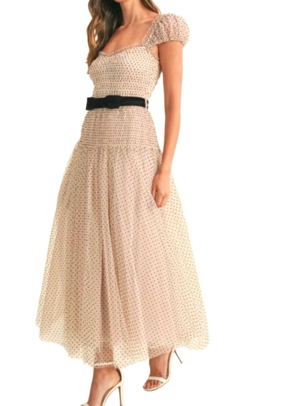Women’s Elegant Polka Dot tulle Dress with Black Bow belt